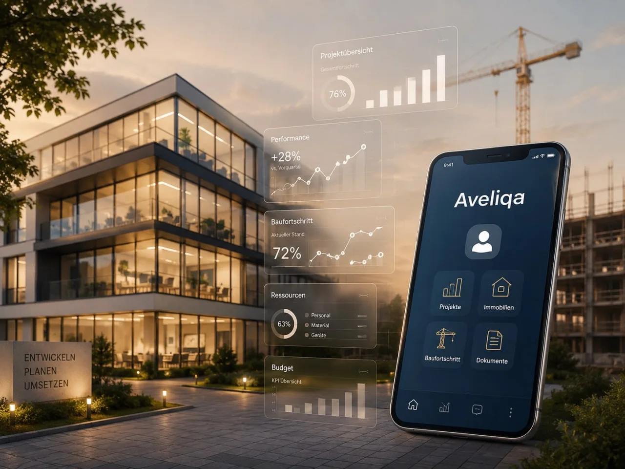 Modern building and the Aveliqa app with key metrics